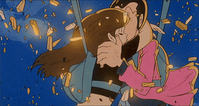 a cartoon of a man and woman kissing in a blue background