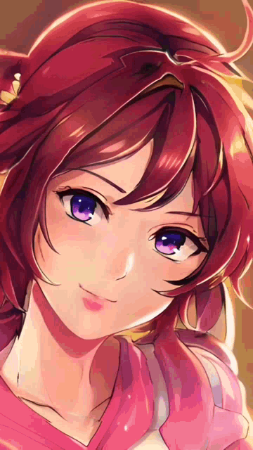 a girl with red hair and blue eyes looks at the camera