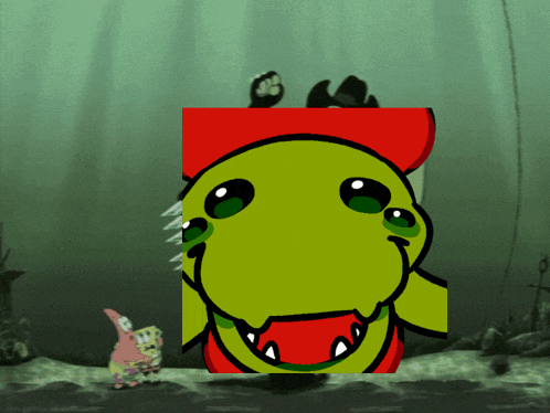 spongebob and patrick are looking at a picture of a green monster with a red hat