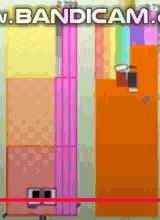 a cartoon character is standing next to a rainbow colored block .