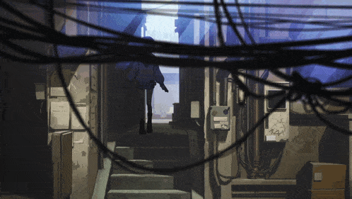 a drawing of a girl walking down stairs with a sign on the wall that says " i love you "