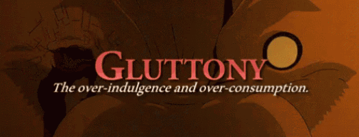 a close up of a mouth with the word gluttony written on it