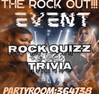 a poster for a rock quiz trivia event in a party room
