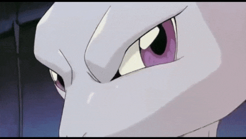 a close up of a pokemon 's face with purple eyes .