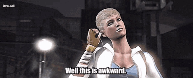 a woman says well this is awkward in a video game