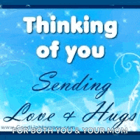 a blue background with the words thinking of you sending love and hugs