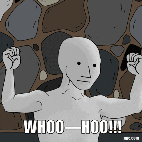 a cartoon of a man flexing his muscles with the words whoo-hoo written below him