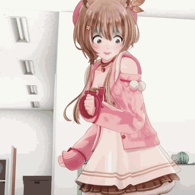 a girl in a pink sweater is holding a strawberry