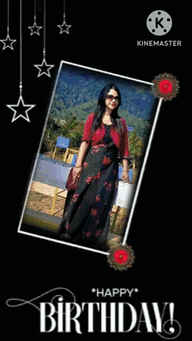 a happy birthday greeting card with a woman in a black dress
