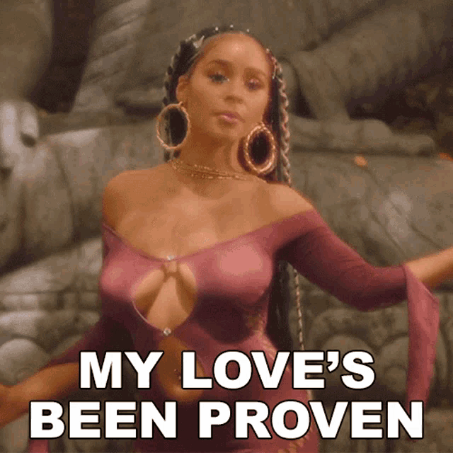 a woman in a purple dress with the words my love 's been proven below her