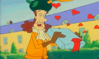a cartoon of a man holding a box with hearts flying in the background