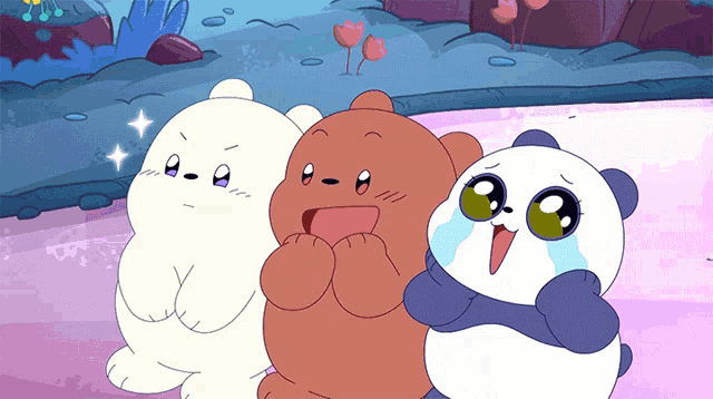 three cartoon bears are standing next to each other and one of them is crying