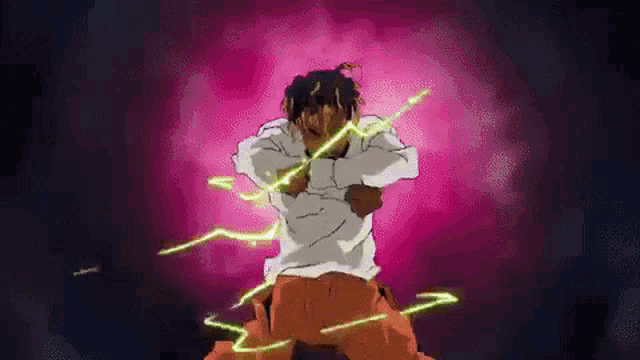 a cartoon of a man standing in front of a pink background with lightning coming out of his chest .