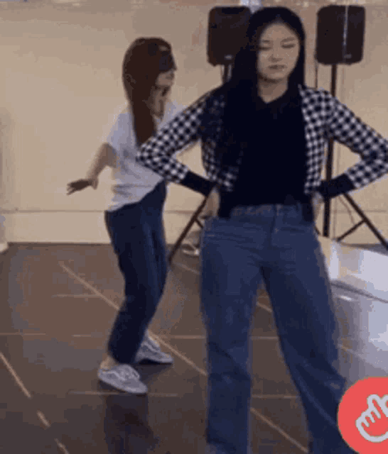 two women are dancing together in a room .