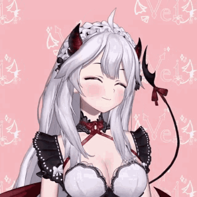 a girl with white hair and horns is wearing a maid costume