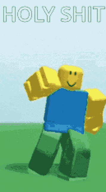 a roblox character is dancing with the words holy shit written above him