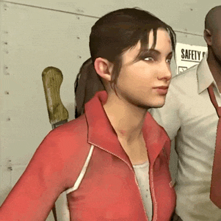 a woman in a red jacket is standing next to a man holding a knife and a sign that says safety