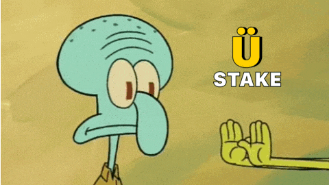 squidward from spongebob has a rainbow behind him and the word stake is on the bottom