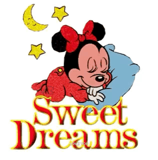 a baby mickey mouse is sleeping on a pillow with the words `` sweet dreams '' written below it .