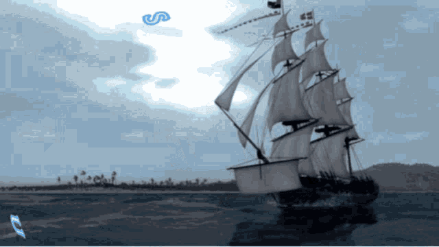 a sailboat in the ocean with the letter s in the sky above it