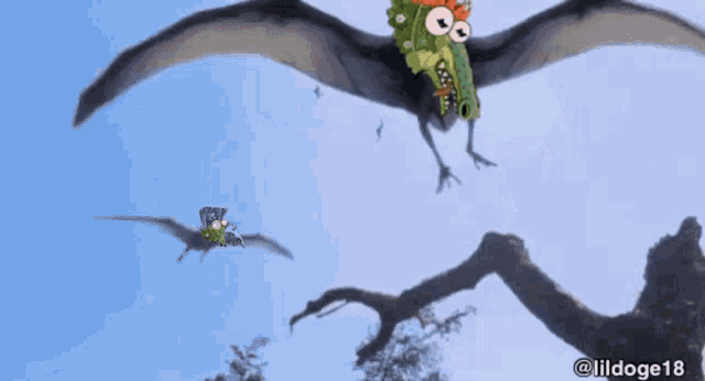 a cartoon of a dinosaur flying in the sky with the hashtag lildoge18 below it