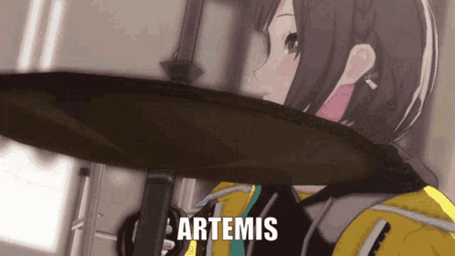 an anime girl is playing a drum and the word artemis is visible