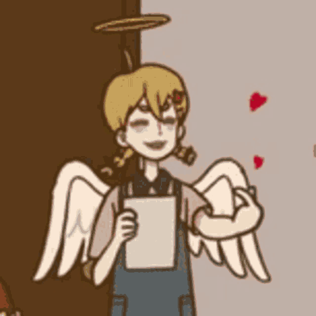 a cartoon angel is holding a piece of paper in her hands .