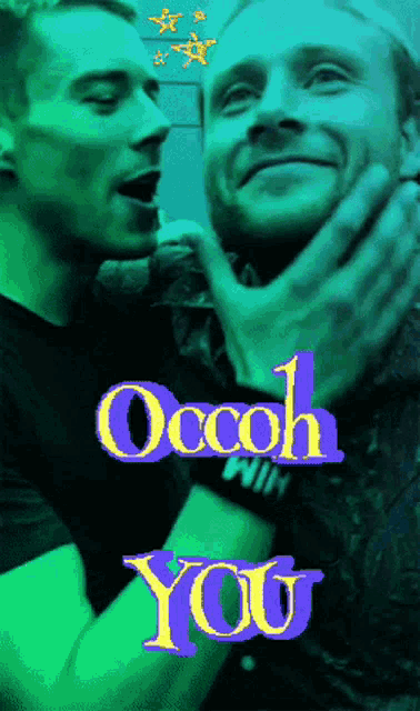 two men are standing next to each other and the words occooh you are on the green background