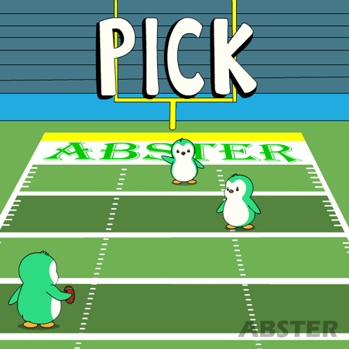 a cartoon of penguins on a football field that says pick