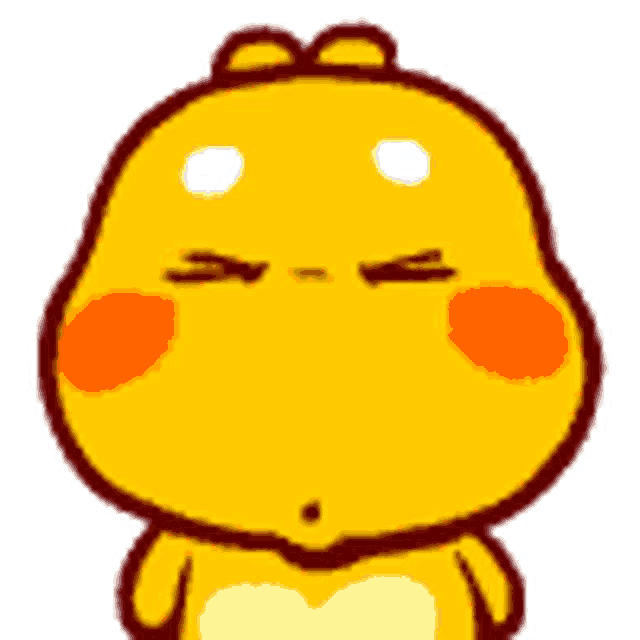 a yellow cartoon character with orange cheeks and a heart on his chest is looking at the camera .