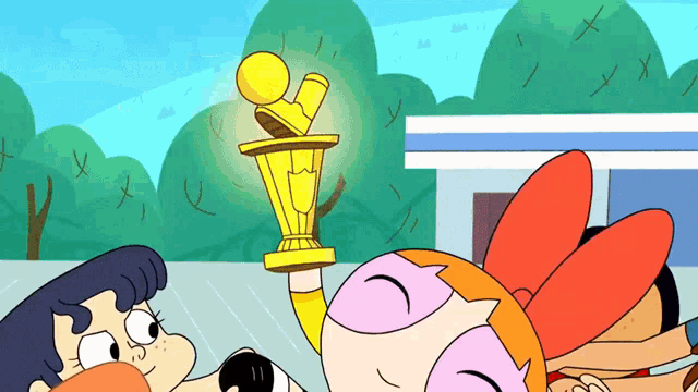 a cartoon of a girl holding a trophy in front of a building