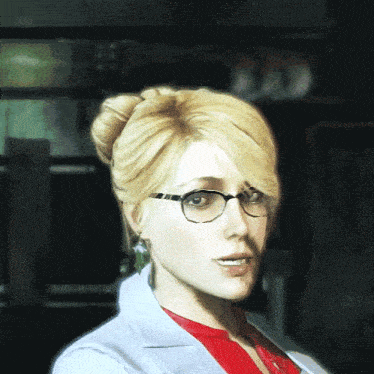 a woman with blonde hair and glasses is wearing a white jacket