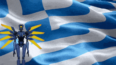 a blue robot with yellow wings is standing in front of a greek flag