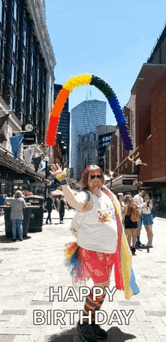 a man holding a rainbow balloon with the words happy birthday below him