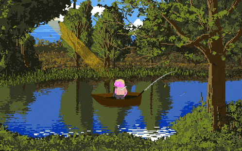 a pixel art of a person in a boat fishing in a lake