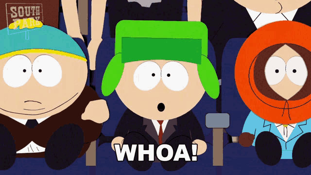 a group of south park characters are watching a movie and one of them says whoa