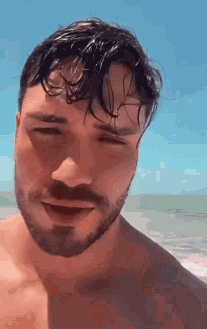 a shirtless man with a beard is standing on a beach looking at the camera .