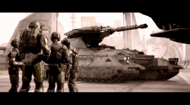 a group of soldiers standing in front of a tank that says sentinel on it