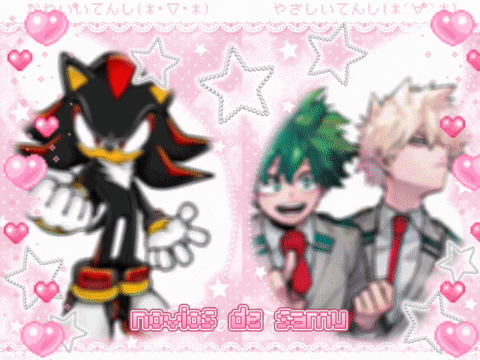 shadow the hedgehog and bakugo from my hero academia are on a pink background
