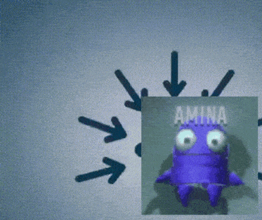 a purple cartoon character with the word amina written on it