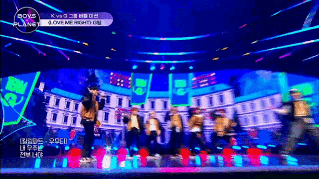 a group of boys are performing on a stage with a sign that says boys planet on it
