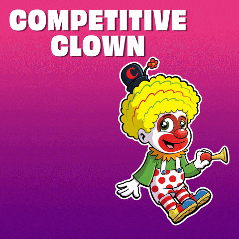 a competitive clown with a flower on his hat