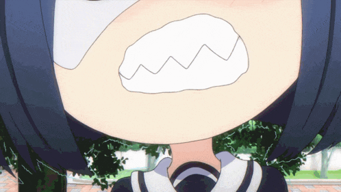 a close up of a cartoon character 's mouth with white teeth and black hair