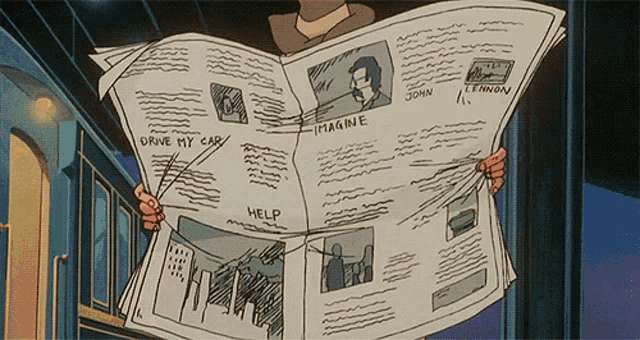 a person is reading a newspaper with the words imagine and help on it