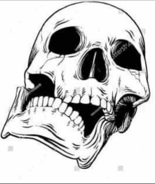 a black and white drawing of a skull with its mouth open and teeth .