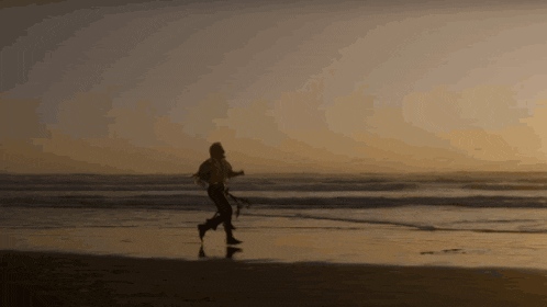 a silhouette of a person walking on the beach at sunset