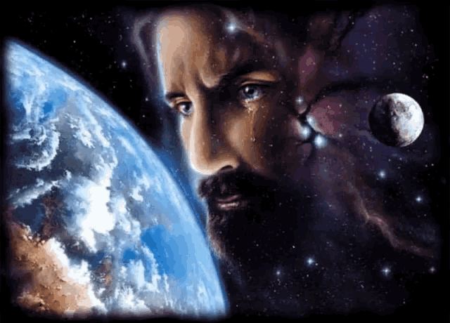 a painting of jesus looking at the earth with a tear running down his cheek