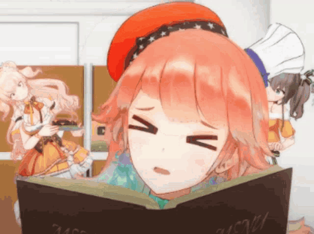 a girl in a red hat is reading a book that says ' dinner ' on it