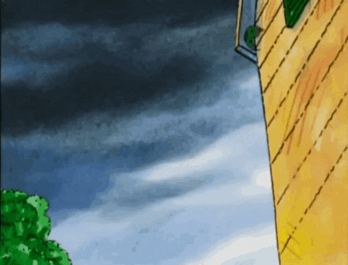 a cartoon drawing of a house with a tree in the foreground and a cloudy sky in the background