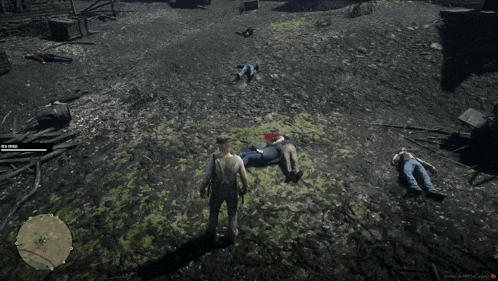 a screenshot of a video game shows a man standing in the middle of a field